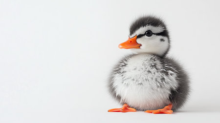 A small, adorable duck sitting on a clean white background, its orange beak and feet contrasting with its soft feathers.の素材