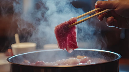 Chopsticks in hand holding a fresh slice of beef, about to drop it into a steaming shabu pot.の素材