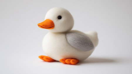 A small, adorable duck sitting on a clean white background, its orange beak and feet contrasting with its soft feathers.の素材