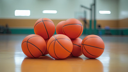 Close-up of basketball balls stacked on the floor, with gym equipment and courts visible in the background.の素材