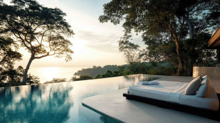 Bed beside a beautiful swimming pool, with the calm water reflecting the clear sky, creating a relaxing atmosphere.の素材