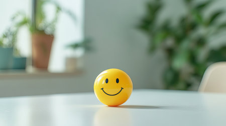 A single yellow smiley face sticker centered on a clean white surface, evoking simplicity and happiness.の素材