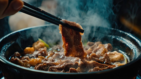 Chopsticks lifting a slice of beef, about to be placed into a hot, aromatic shabu pot for a perfect meal.の素材
