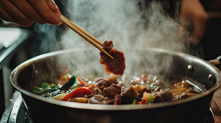Chopsticks in hand, adding a slice of beef to a delicious shabu pot filled with steaming broth and veggies.の素材