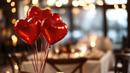 Bright red heart-shaped balloons tied to a chair in a romantic Valentine dinner setting.の素材