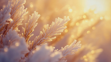 Close-up of frosted pine needles with snow, illuminated by a soft beam of sunlight.の素材