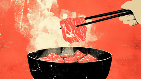 Chopsticks held by a hand, taking a slice of beef into a simmering shabu pot, creating a delicious meal experience.の素材