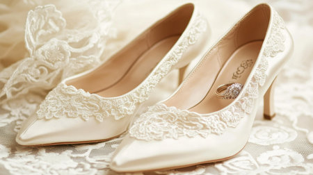 Beautiful ivory high heel wedding shoes next to a vintage-inspired wedding ring on a lace tablecloth.の素材