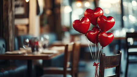 Bright red heart-shaped balloons tied to a chair in a romantic Valentine dinner setting.の素材