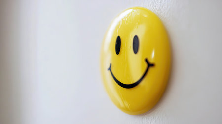 Close-up of a glossy yellow smiley face sticker with a white background highlighting its cheerful expression.の素材