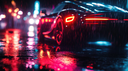 Blurred bokeh of car headlights on a rainy night, with colorful reflections in the background.の素材