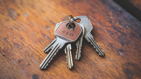 A stack of keys placed next to a secure, steel door with a high-quality lock, ready for installation.の素材