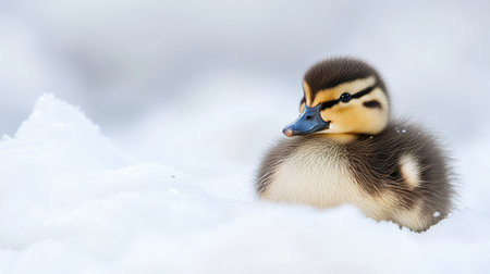Close-up of a fluffy duckling perched on a white background, capturing its gentle, innocent expression.の素材