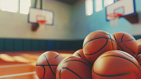 Close-up of a stack of basketballs inside a gym, with the court and hoop in the blurred background.の素材