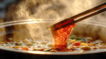 Chopsticks in hand dipping a thin slice of beef into a steaming hot pot filled with savory broth and vegetables.の素材