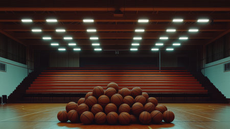 Basketballs stacked neatly on a gym floor, surrounded by empty bleachers and gym lights overhead.の素材