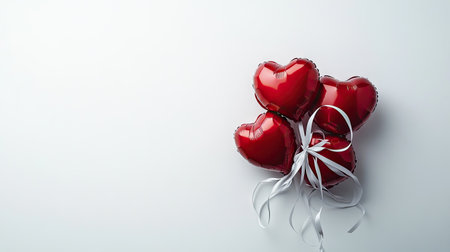 Cluster of red heart-shaped balloons tied together with white ribbons on a white studio background.の素材