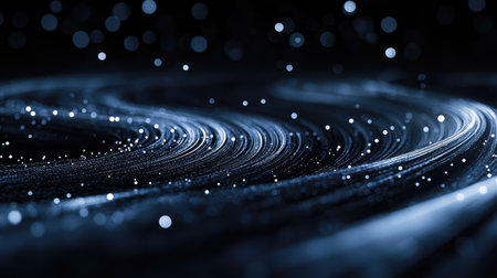 Circular bokeh lights glowing softly against the deep blackness of a calm night.の素材