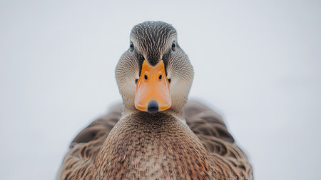 Close-up of a duck with orange beak and webbed feet, set against a pure white backdrop.の素材