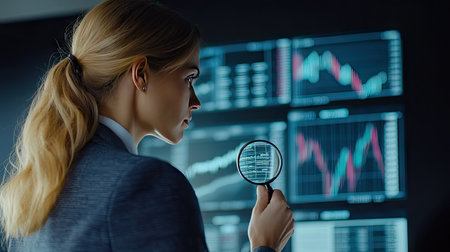 Businesswoman in a professional suit using a magnifying glass to analyze stock market trends on a digital screen.の素材