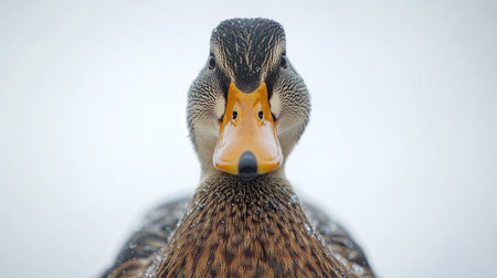 Close-up of a duck with orange beak and webbed feet, set against a pure white backdrop.の素材