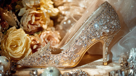 Close-up of sparkly high heel wedding shoes with rhinestone embellishments, surrounded by bridal accessories.の素材