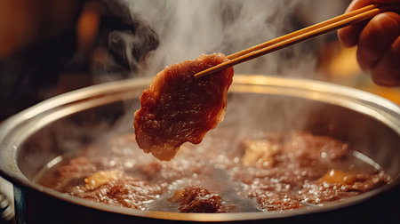 Close-up of a hand lifting a beef slice with chopsticks, preparing to add it to a simmering hot shabu pot.の素材