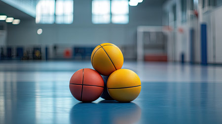 Close-up of basketball balls stacked on the floor, with gym equipment and courts visible in the background.の素材