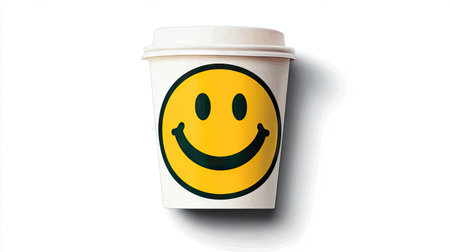 Bright yellow smiley face sticker placed neatly on a crisp white background, creating a cheerful vibe.の素材