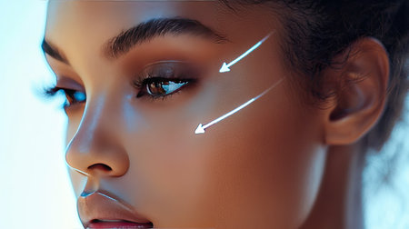 Beautiful young female with white arrows diagramming a face-lifting process on smooth, glowing skin.の素材