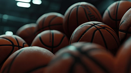Close-up of a stack of basketballs in a modern gym, highlighting the texture and branding of the balls.の素材