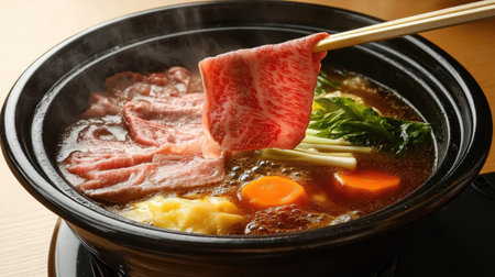Chopsticks in hand dipping a thin slice of beef into a steaming hot pot filled with savory broth and vegetables.の素材