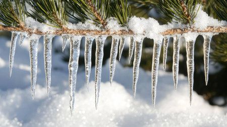 Close-up of a pine branch with snow and icicles sparkling in the sunlight.の素材