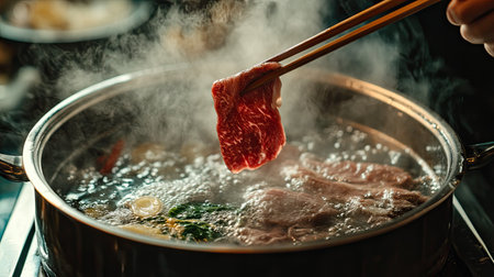 Close-up of a hand lifting a beef slice with chopsticks, preparing to add it to a simmering hot shabu pot.の素材