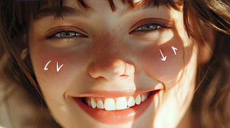 Close-up of a smiling young female face with white arrows indicating contouring and tightening effects.の素材