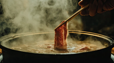 Close-up of a hand using chopsticks to place a thin slice of beef into a steaming shabu pot, ready to cook.の素材