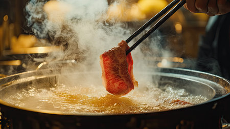 Chopsticks in hand holding a fresh slice of beef, about to drop it into a steaming shabu pot.の素材