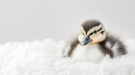 Close-up of a fluffy duckling perched on a white background, capturing its gentle, innocent expression.の素材