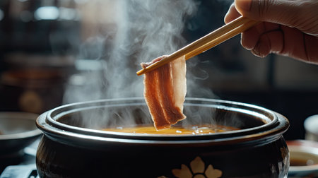 Close-up of a hand using chopsticks to place a thin slice of beef into a steaming shabu pot, ready to cook.の素材