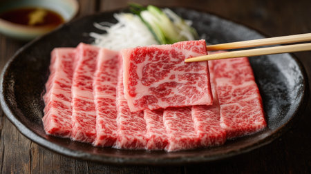 Chopsticks in hand with a beef slice, ready to drop it into a hot, bubbling shabu pot for a delicious meal.の素材