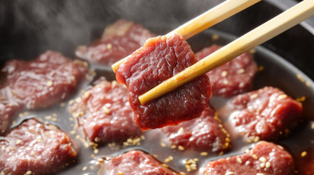 Close-up of chopsticks with beef, poised over a hot shabu pot, ready to be immersed in simmering broth.の素材