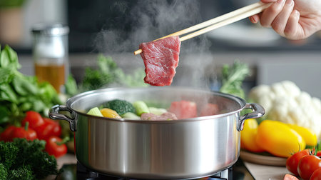 A hand holding chopsticks, lifting beef into a hot shabu pot with fresh vegetables surrounding the pot.の素材