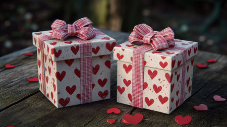 A pair of matching gift boxes tied with bows, surrounded by red hearts on a wooden surface.の素材