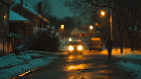 Blurred bokeh from streetlights casting warm amber glows on a chilly winter night.の素材