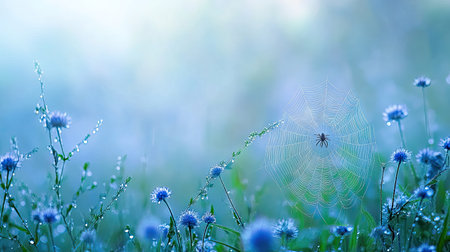 A lone spider spinning its web in the early morning mist, surrounded by soft light and greenery.の素材