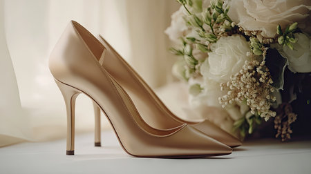 Beautiful high heel wedding shoes with satin finish, delicately positioned beside a bridal bouquet.の素材