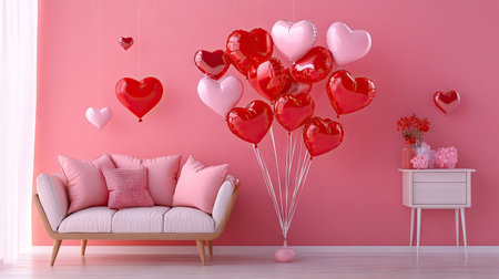 Bunch of red and pink heart-shaped balloons floating in a bright Valentine-themed room.の素材