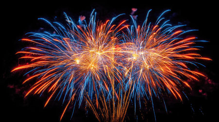 Blurred light bokeh resembling fireworks, in vibrant shades of red, blue, and gold.の素材