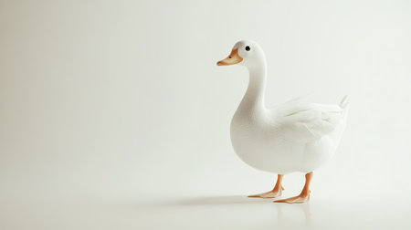 A cute white duck standing on a minimalist white background, perfect for a fresh, clean image.の素材