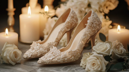Close-up of luxurious bridal shoes with intricate floral lace, surrounded by candles and wedding accessories.の素材